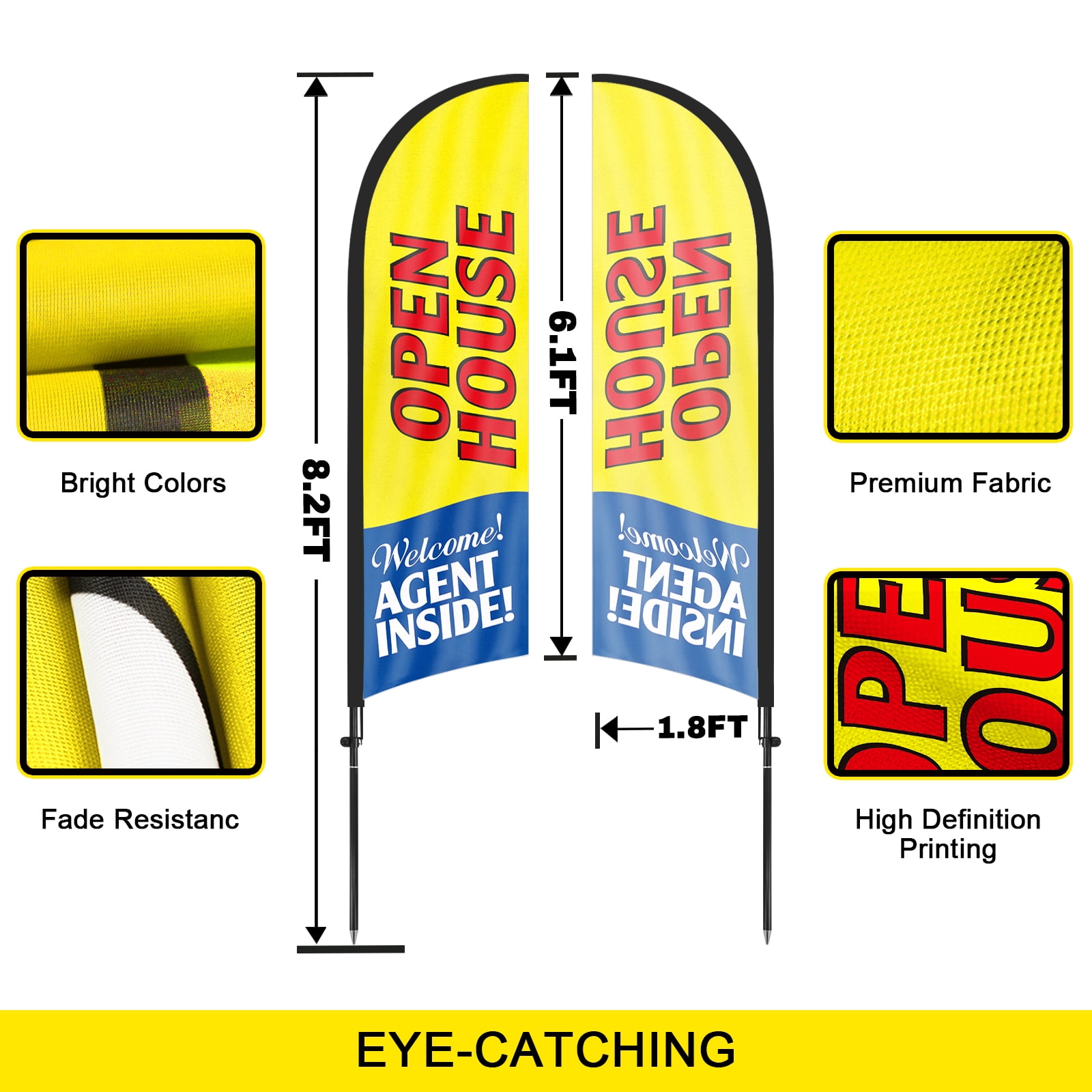 QSUM Open House Feather Flag with Flag Pole Kit and Ground Spike, 7FT Open House Windless Flag Banner Sign Business for Welcome Agent Inside Outdoor Advertising Sign Decoration Display（Yellow）