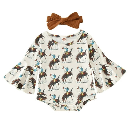 

Monogrammed Mommies Baby Gift Girl Toddler Girls Winter Long Sleeve Brown Horse Letter Prints Romper With Headband 2PCS Outfits Clothes Set Girl Size 14