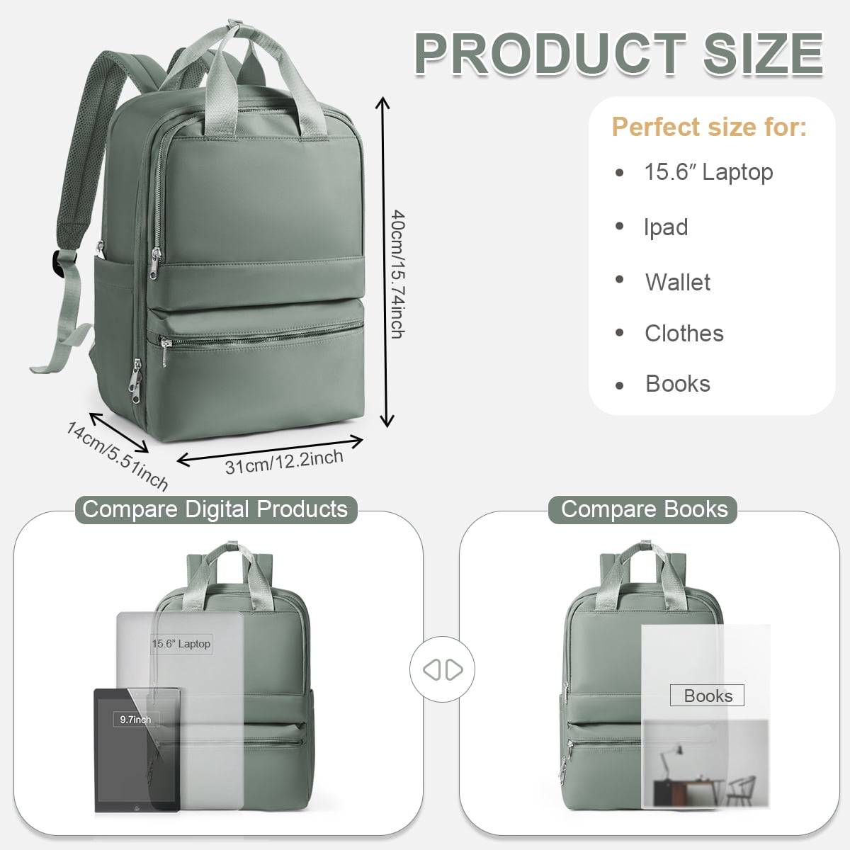 Travel Backpack for Women Men, Airline Approved Carry-On Bags for Airplanes, Green Laptop Personal Item Backpack for Traveling College on Airplane