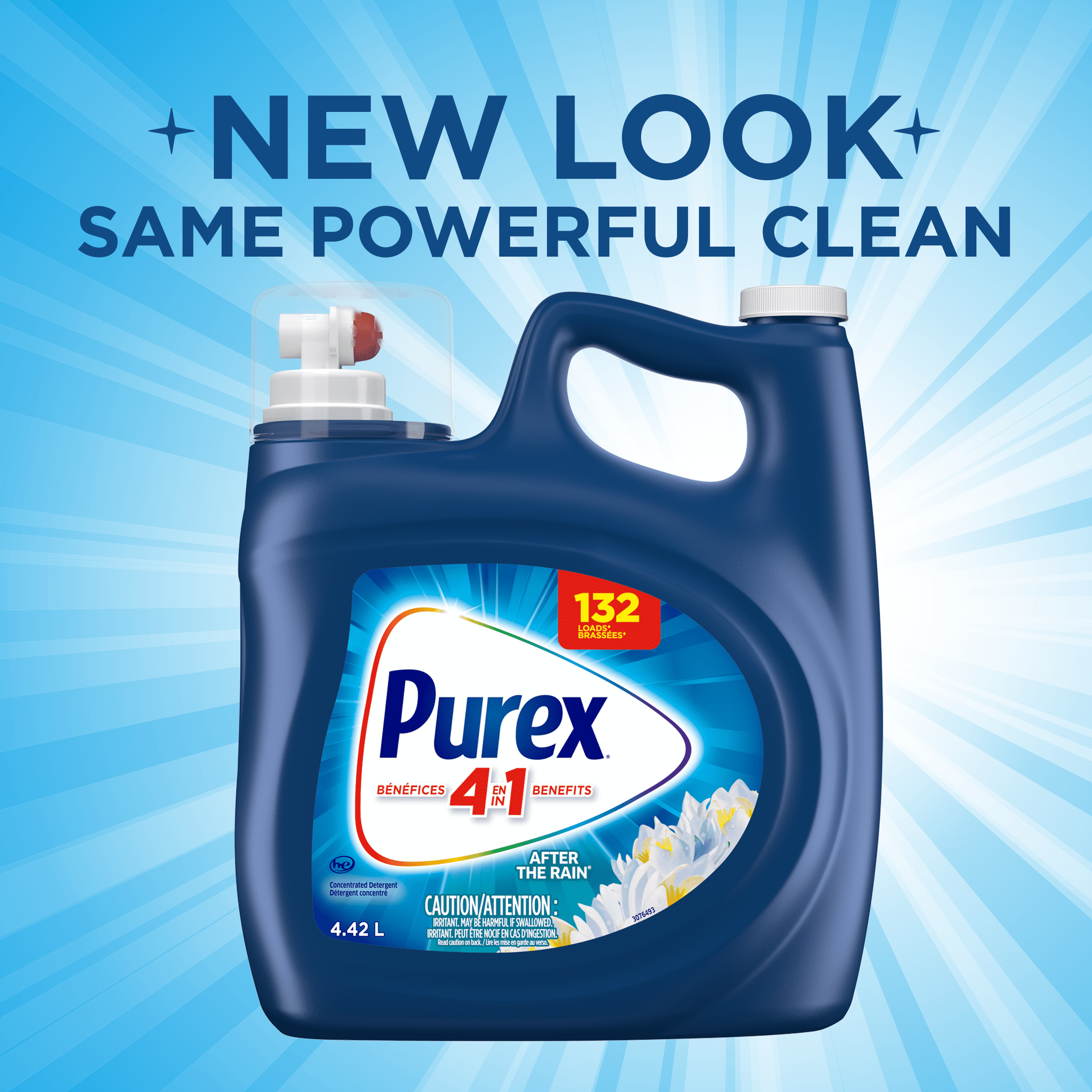 Purex After the Rain, Concentrated Liquid Laundry Detergent with 4in1 benefits, Tough on Stains, Brightens and Whitens Clothes, 4.42L, 132 Wash Loads, HE Compatible, 1 bottle