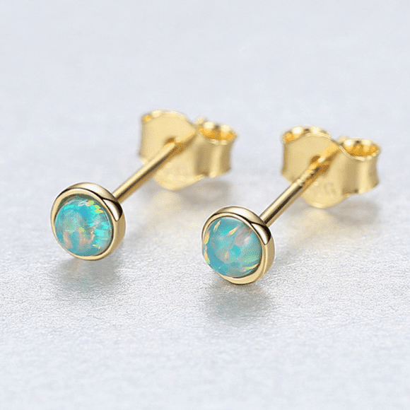 Sterling Silver Genuine or Gilded Created Round Opal Stud Earrings, As a Gift for Valentine's Day, Mother's Day, and Birthday(Golden Green Opal)