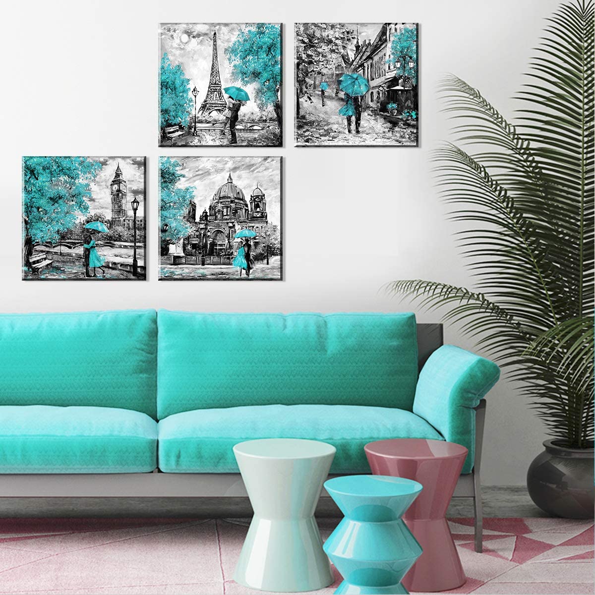 Paris Decor for Bedroom Teal Eiffel Tower Wall Decor Abstract Couples with  Umbrella Posters Bathroom Pictures Romantic City Painting Black and White Canvas  Wall Art Living Room 12x12