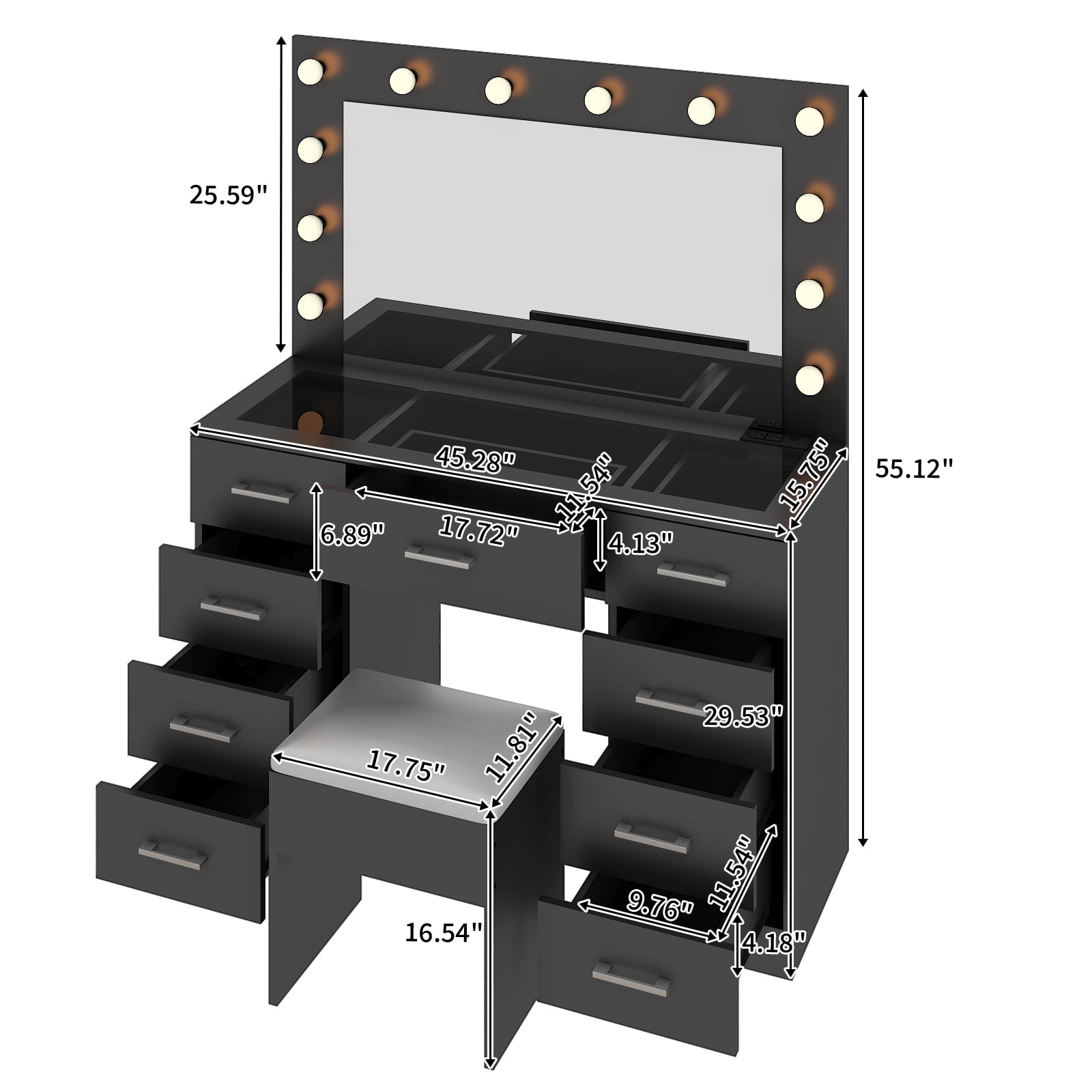 Zimtown Makeup Vanity Desk with Large Mirror & Charging Station, Vanity Table with 9 Drawers & Visible Glass Top, Bedroom Dressing Table, Black