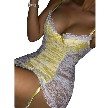 Enwejyy Womens Valentine s Day Gift Lace See-Through Deep V-Neck Breathable Nightdress with G-Strings Babydoll Lingerie