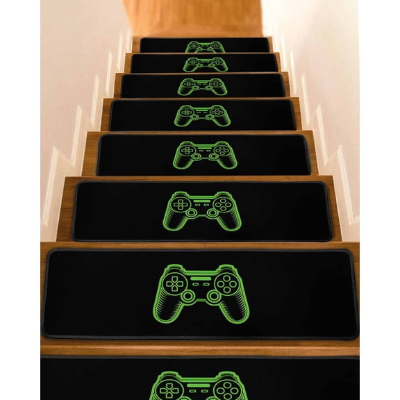 Stair Treads for Wooden Steps,Green Game Controller Peel and Stick Stair Treads with Adhesive,Modern Art Gaming Handheld Black Non Slip Indoor Stairs Runner Rugs Mats for Elders Dogs 8"x30" 4PCS