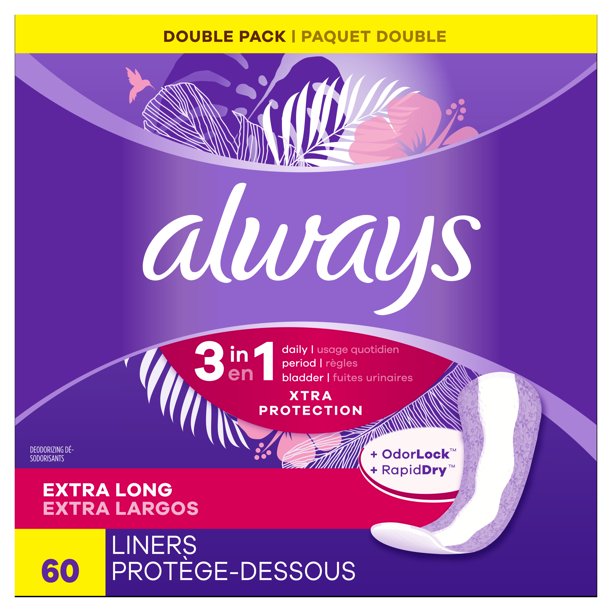 Always Xtra Protection 3in1 Extra Long Daily Liners, 60 ct Walmart