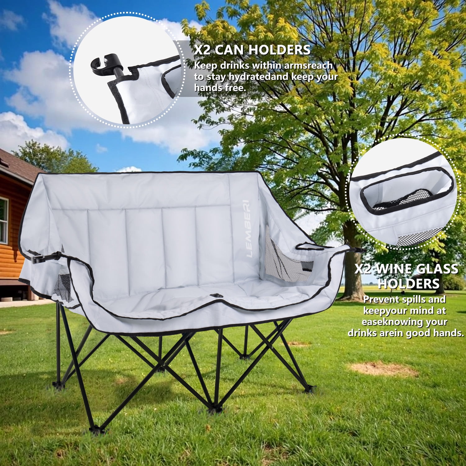 BOSSIN Double Oversized Camping Chairs for Adults,Folding Loveseat Camping Couch Support 600lbs with Back Pocket