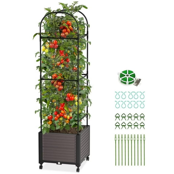 MOPHOTO 16"X12"x61" Raised Garden Bed Planter Box with Wheels, Planter Raised Garden Bed with Trellis for Climbing Vegetables Plants Tomato Cage with Reservoir, 1 Pack