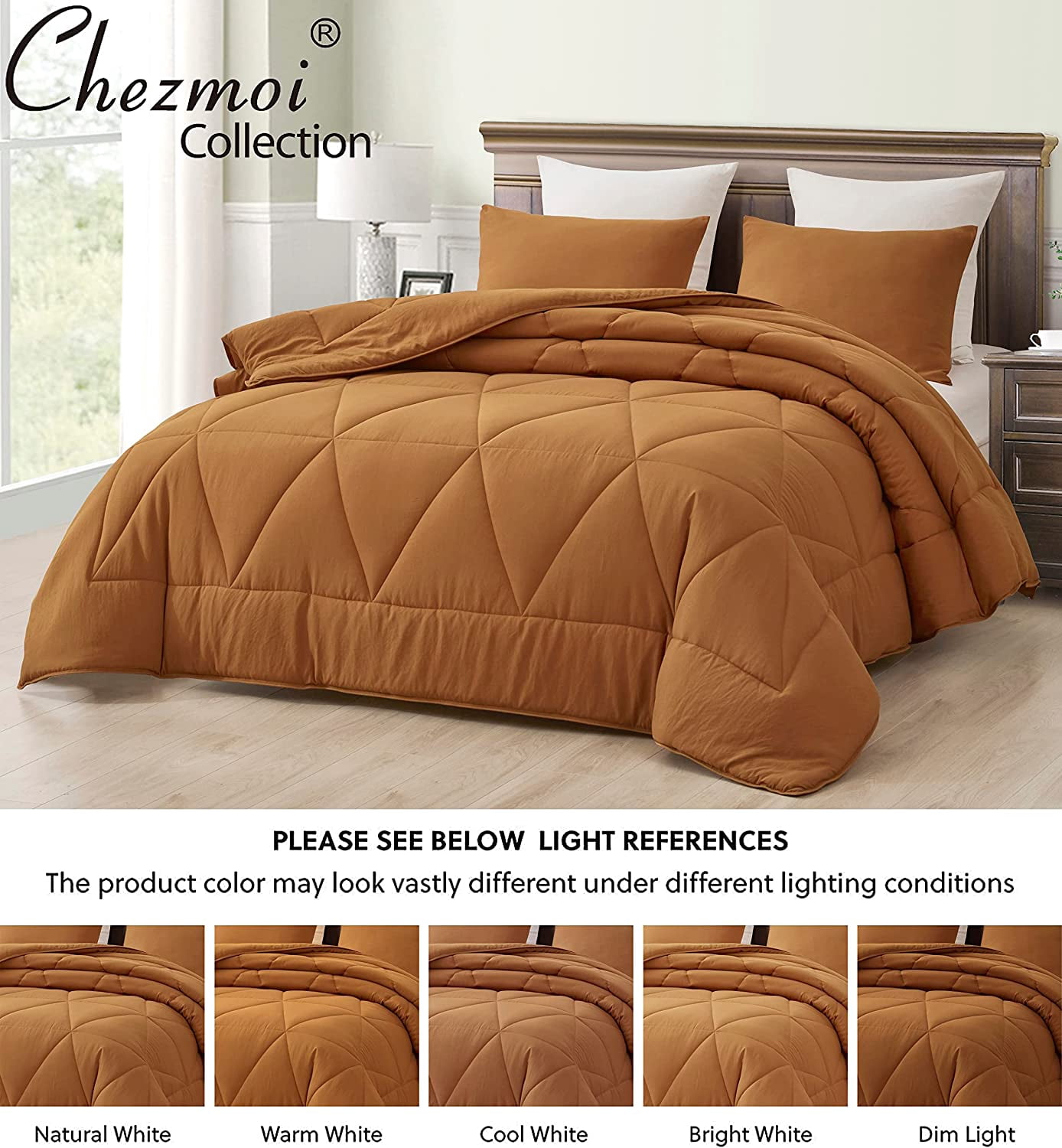 Chezmoi Collection Rory Spice Orange Comforter Set Full Size 3-Piece Fluffy Soft Lightweight Bedding Triangle Quilted Stone-Washed Microfiber Comforter Set for All Season