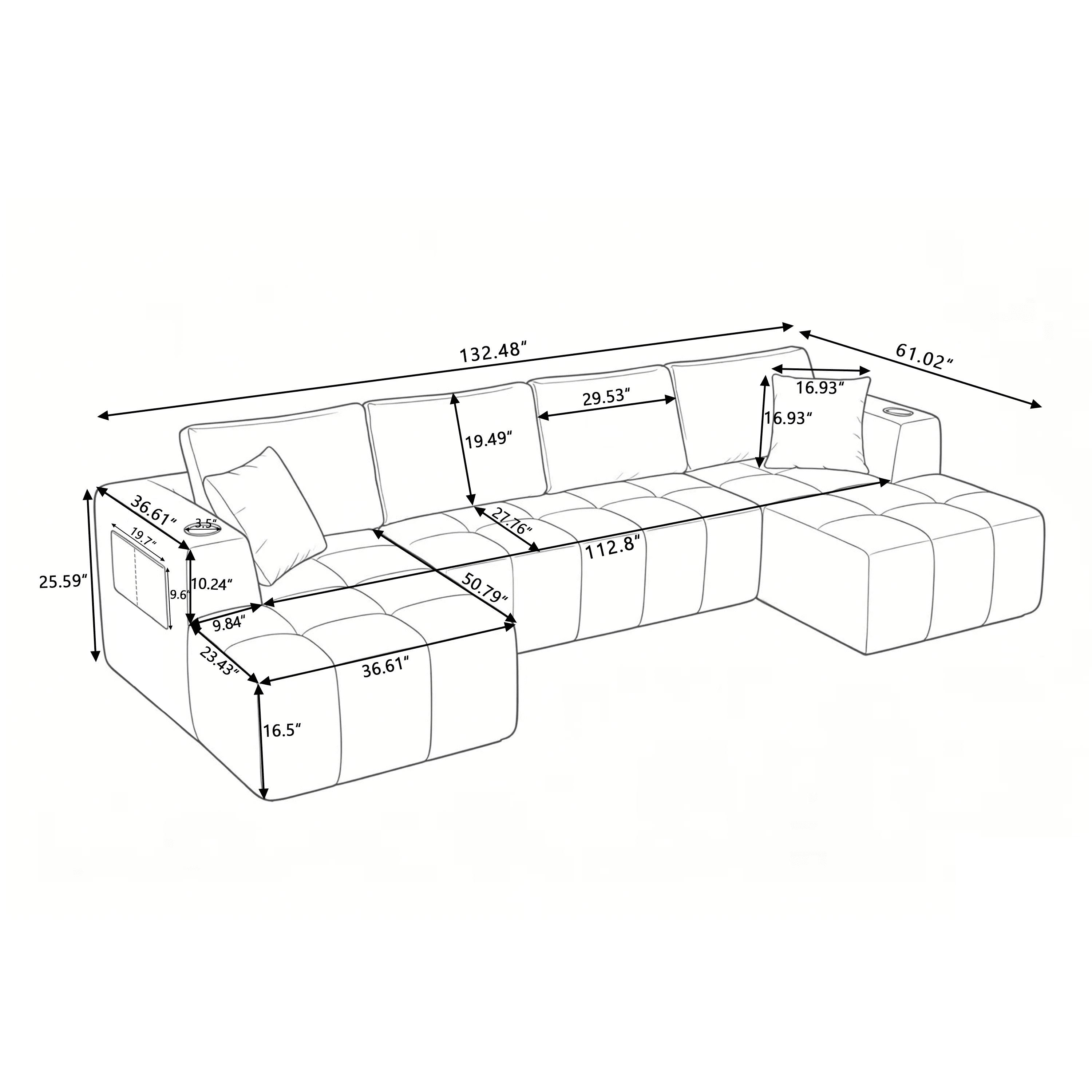 Howcool 132" U-Shaped Modular Cloud Couch, Oversized Deep Seat Chenille Sectional Sofa with Double Chaise, Boneless Comfy Couch with Cup Holders & Side Pockets, No Assembly Required,Dark grey