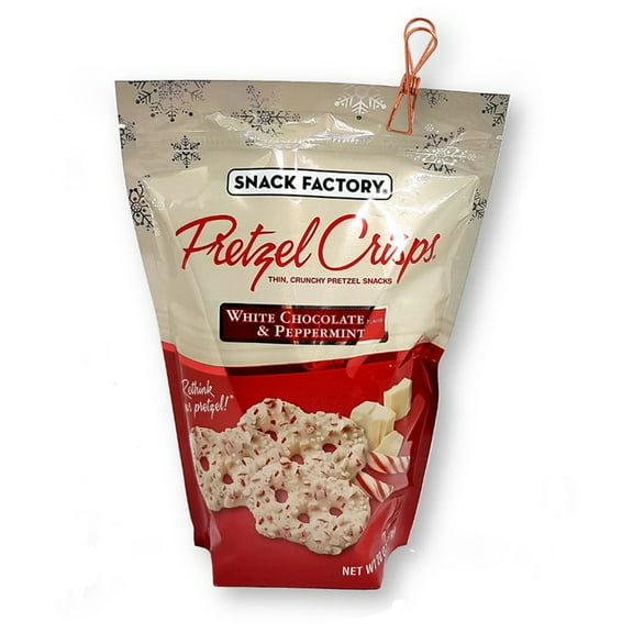 Snack Factory White Chocolate & Peppermint Pretzel Crisps 20 Oz. with Retro Wire Metallic Bag Clip (2-Piece Set)