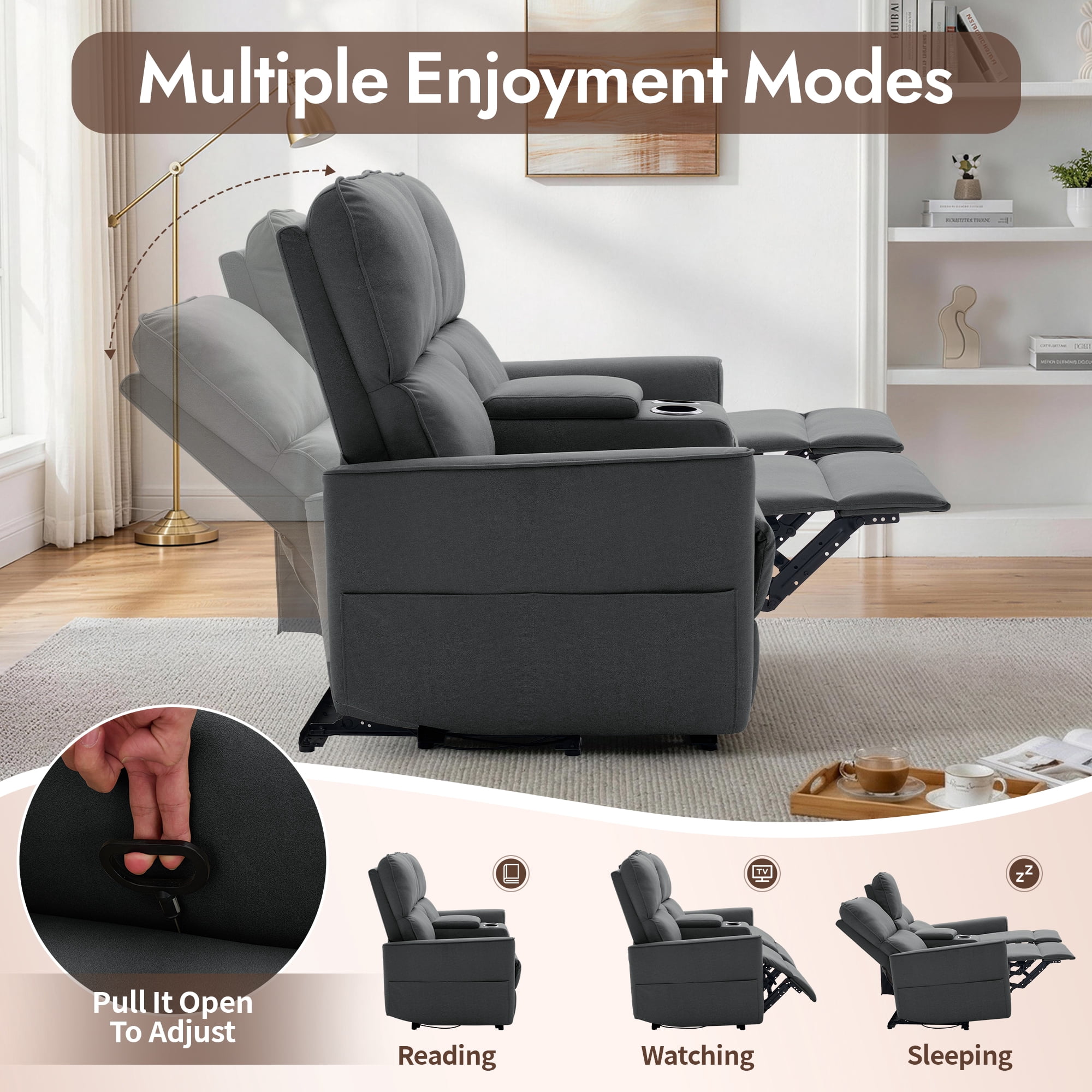 Korser 2-Seater Recliner Sofa with Pillow,Double Recliner Loveseat with Storage Console, Side Pockets, Cup Holders Manual Recliner Sofa for Living Room,Dark Grey