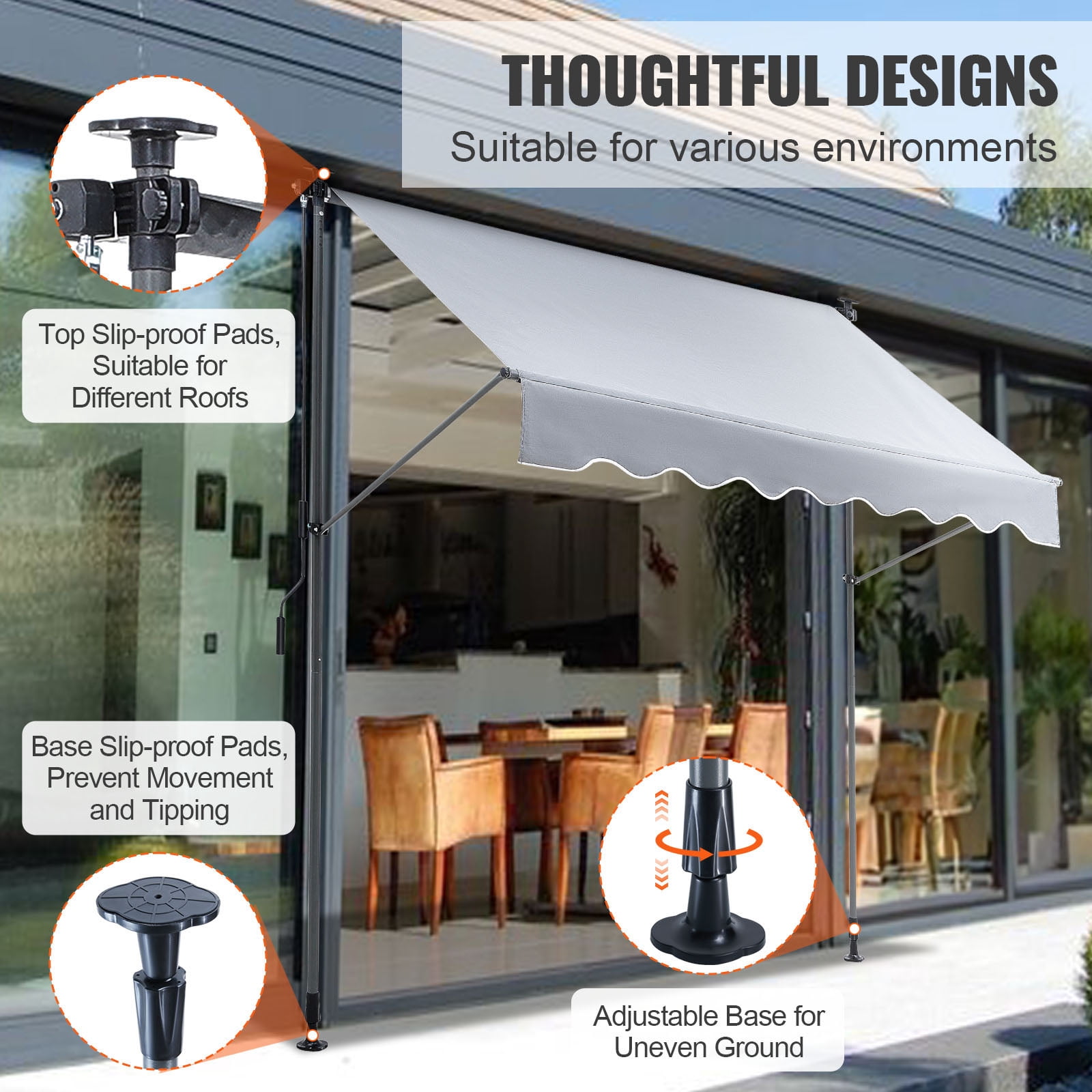 KFFKFF 118" x 47" Gray Manually Retractable Patio Awning, UV Resistant