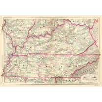 Historic State Map - Kentucky Tennessee - Asher 1874 - 23 x 32.75 - Vintage Wall Art
