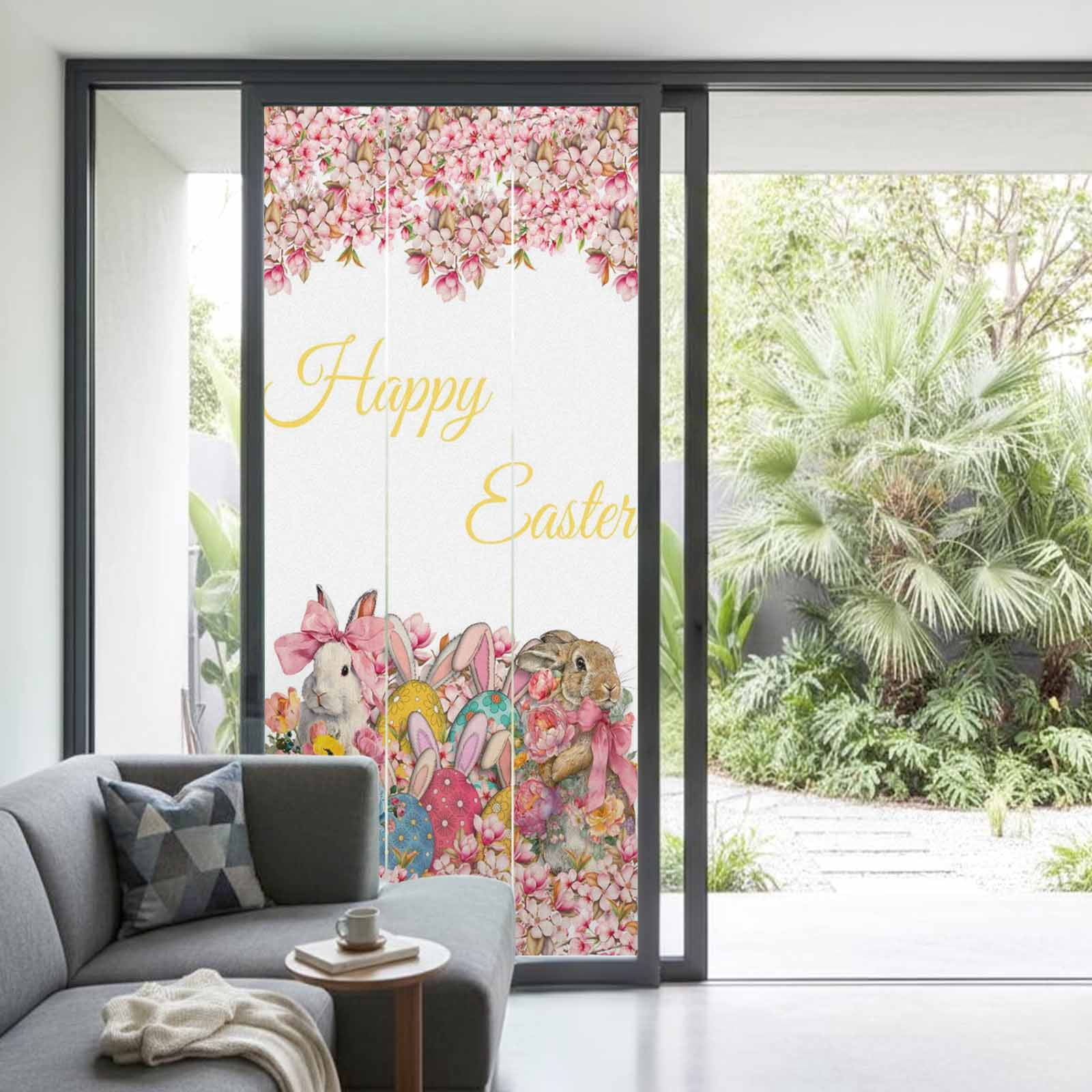 Happy Easter Window Privacy Film, Spring Bowknot Rabbits Flowers Eggs Frosted Glass Window Clings Static Cling UV Heat Blocking Reusable Door Sticker for Bathroom 35.4 x 78.7 Inch