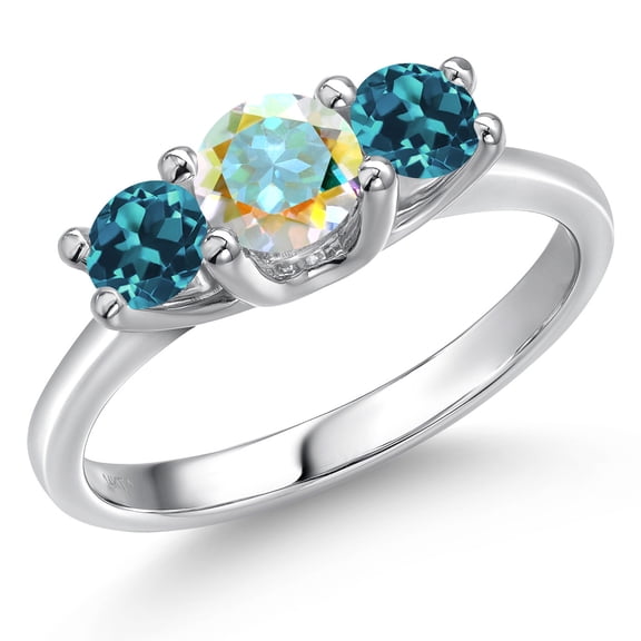Gem Stone King 14K White Gold Mercury Mist Mystic Topaz & London Blue Topaz 3-Stone Engagement Ring | 1.21 Cttw | Round 5MM and 4MM | Three Stone Wedding Anniversary Promise Ring for Women (Size 8)