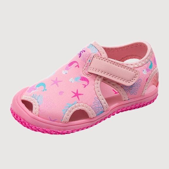 Gyujnb Closed Toe Allover-Print Hook and Loop Water Shoes for Beach Pool Outdoor (Toddler, Little Girls),18-24 Months