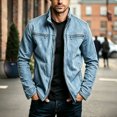 thumbnail image 4 of Rexolia Men’s Jacket Slim Fit Washed Fabric Multi Pocket Workwear Stand Collar Zip Blue 2XL, 4 of 5