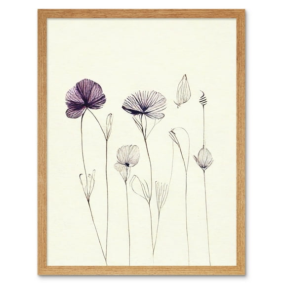 Stylish Minimalist Flower Illustration Line Drawing With Purple Ink Art Print Framed Poster Wall Decor 12x16 inch