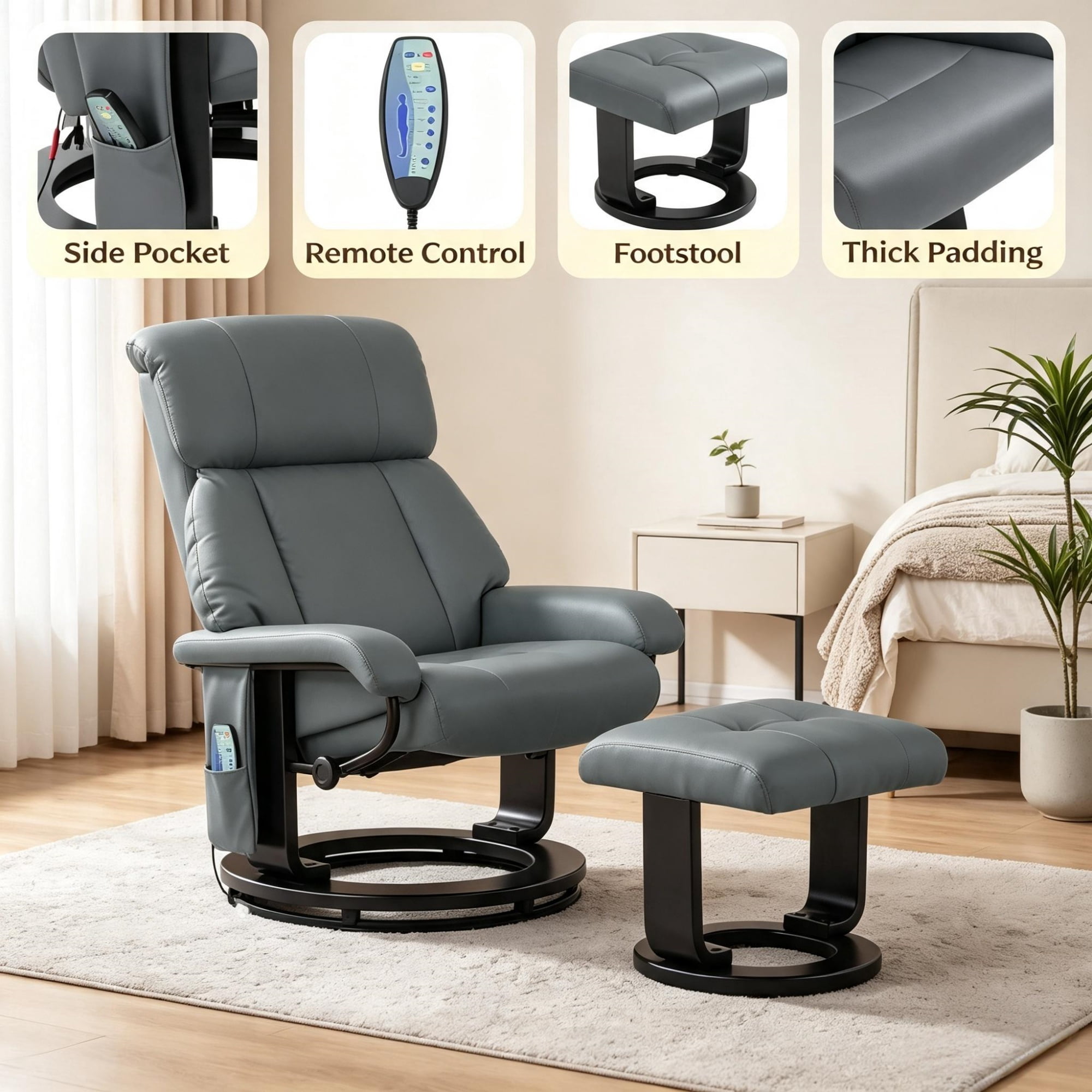 360° Swivel Massage Recliner Chair, 10-Point Vibration Footstool for Living Room