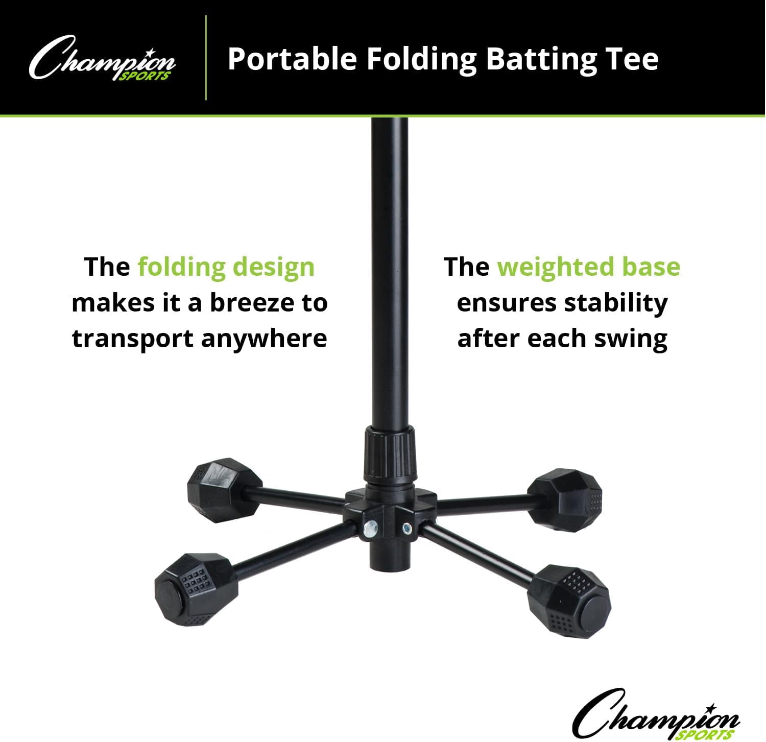 Champion Sports Portable Folding Batting Tee - Lightweight Adjustable Batting Tee Folds for Easy Storage