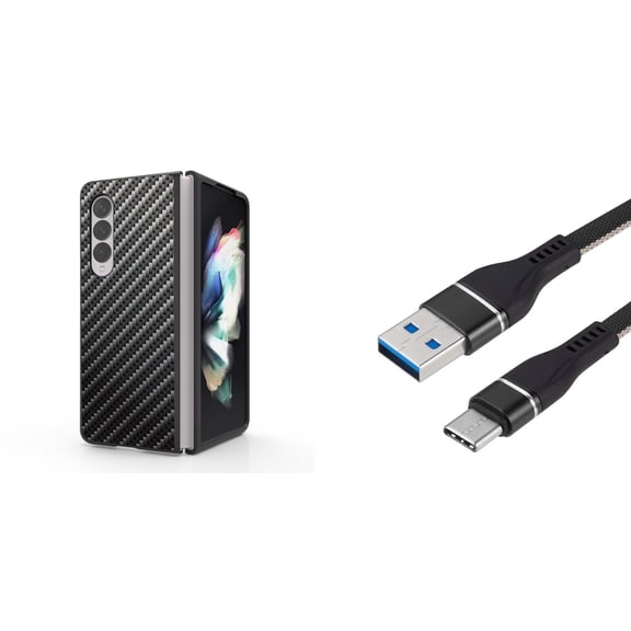 Accessory Bundle for Galaxy Z Fold 4: Slim Snap-On Case (Carbon Fiber), Nylon Braided USB-C to USB-A Cable (3 Feet)