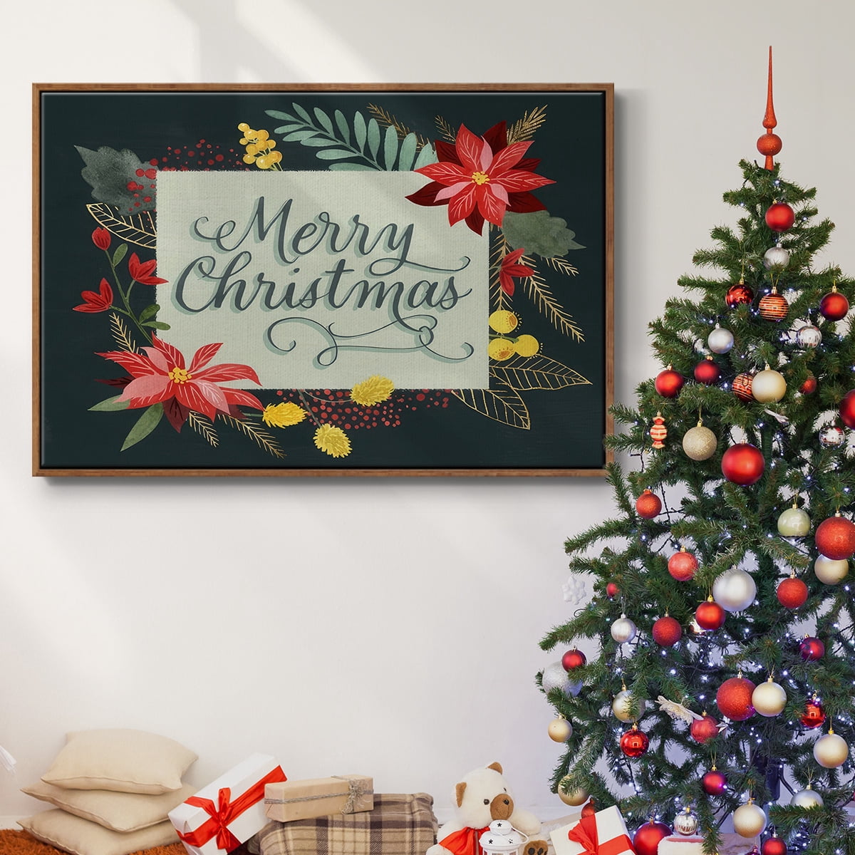Bright Christmas Night I - Framed Gallery Wrapped Holiday Canvas - 17 x 25 - Rosewood Frame