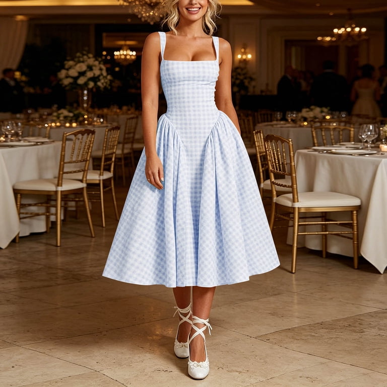 ［FOR HER］French Chic Gingham Dress(M) Summer Dresses for Women 2026 Women's French Vintage Gingham Midi