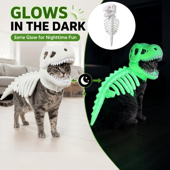 15 inch Pet Dinosaur Costume, Glow in the Dark Skeleton Halloween Outfit, Cute Dress‑Up Apparel for Dogs and Cats Holiday Party