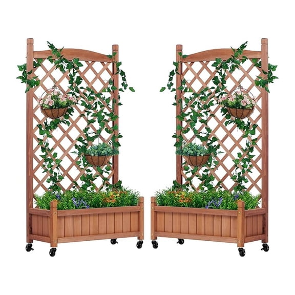 Raised Garden Bed with Trellis Set of 2, Outdoor Wood Planter Box & Plant Stand with Climbing Racks