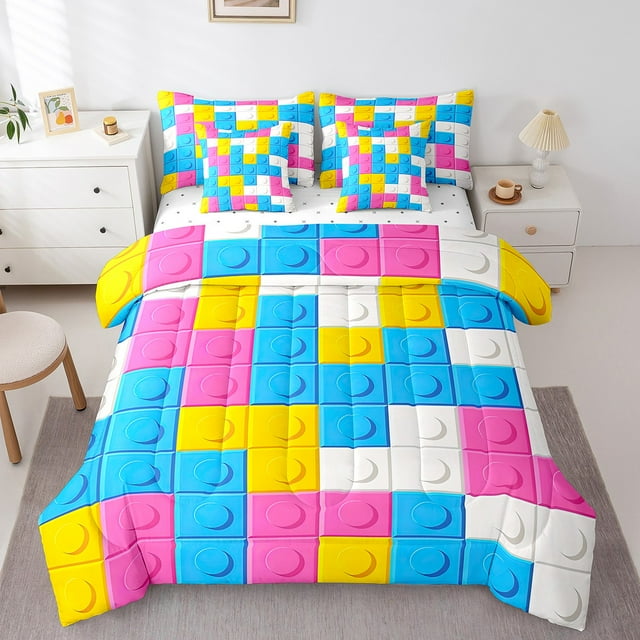 YST 3D Building Blocks 7 Pcs Comforter Set twin, Colorful Construction Bedding for Children, Rainbow Toy Brick Sheet Set Bed in A Bag Funny Patchwork Geometric Rectangle Duvet Insert