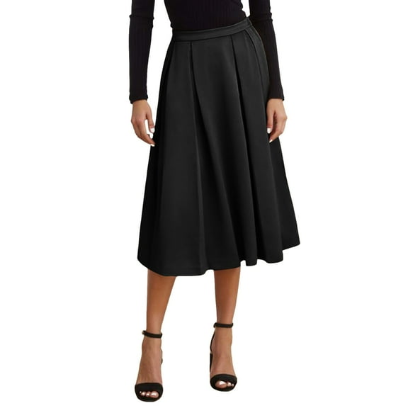 Fgnfyis Casual High Waisted Pleated A-Line Midi Skirt for Fall Winter with Zipper Detail Work Appropriate Style Black XL