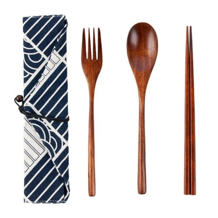 

Chinese Cutlery Set Reusable Wooden Spoon Fork Chopsticks With Cloth Bag Portable Environmentally Friendly Dinnerware