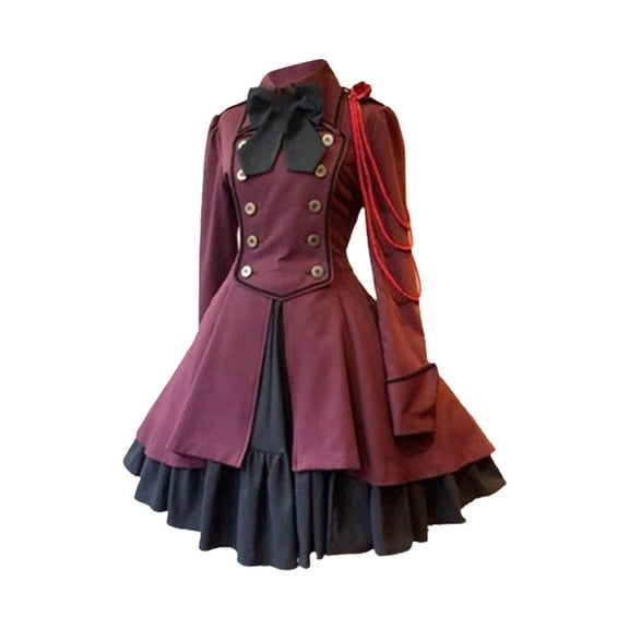 Uaswgudfs Women Girls Gothic Dress Long Sleeve Multi Layers Classic Steampunk Dress Vintage Renaissance Clothing, Red L