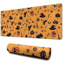 Long Mouse Pads for Desk,Halloween Witchy Icons on Orange Pattern Desk Mats on Top Of Desks, Desk Mouse Pad Extra Large with 3mm Non-Slip Base and Stitched Edge for Gaming,Office,Work,Home 31.5x11.8in