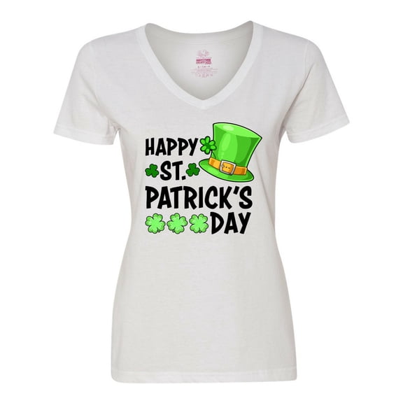 Inktastic Happy St. Patrick's Day Green Hat and Clovers Women's V-Neck T-Shirt