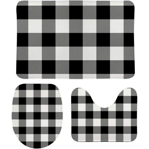 Bathroom Rugs Mats Set 3 Piece Non Slip Bath Rugs Plaid Pattern White Black Mats Absorbent Shower Rug Soft Toilet Floor Carpet Doormat Machine Washable