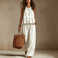 thumbnail image 2 of 2 Piece Sets for Women Cotton Linen Outfits Sleeveless Peplum Top Drawstring Wide Leg Pants Casual Summer Beach Loungewear White M, 2 of 3