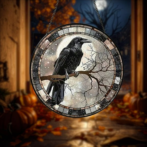 Halloween Raven Stained Glass Suncatcher, Gothic Crow Window Hanging, Halloween Home Decor, Raven Suncatcher