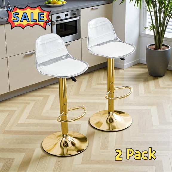 Tcbosik 2 Pack Upholstered Barstools, Faux Leather Bar Chair with PET Back and Metal Base, 24.4" - 32.6" Height Adjustable Counter Stool for Kitchen Island, Gold