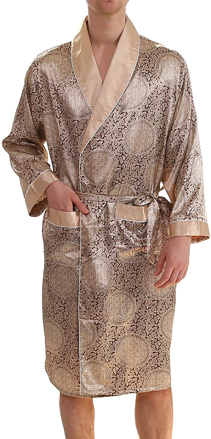 Men's Luxurious Kimono Robe with Shorts Summer Printed Silk Satin