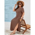 thumbnail image 2 of SHOWMALL Women's Plus Size Short Sleeve Maxi Dress, Cocoa Brown 1X Side Slit Rounded Hem Long T-Shirt Dress with Pockets for Vacation & Casual Wear, 2 of 6