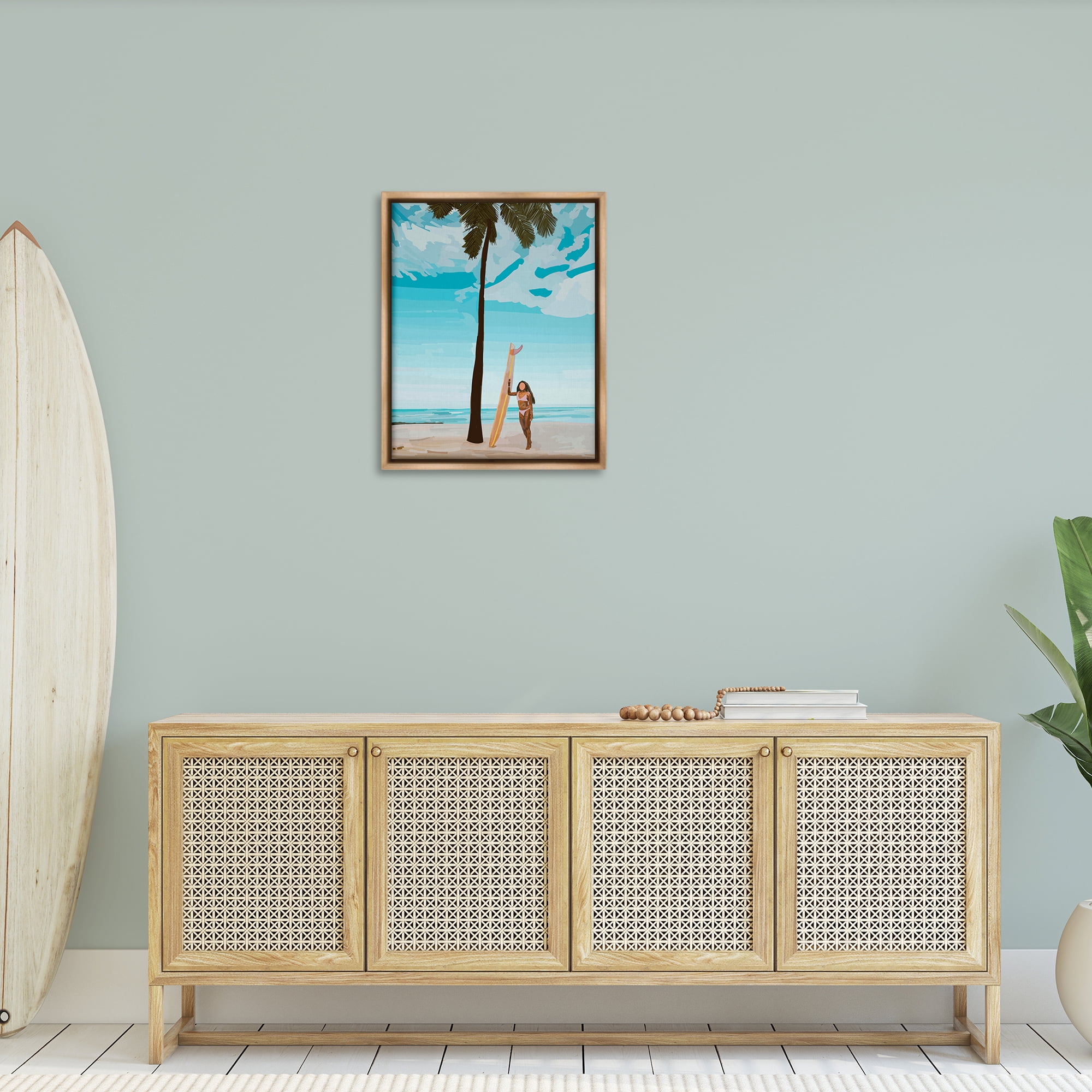 Stupell Industries Tropical Beach Day Girl Nautical & Beach Painting Brown Floater Framed Canvas Art Print Wall Art, 25 x 31