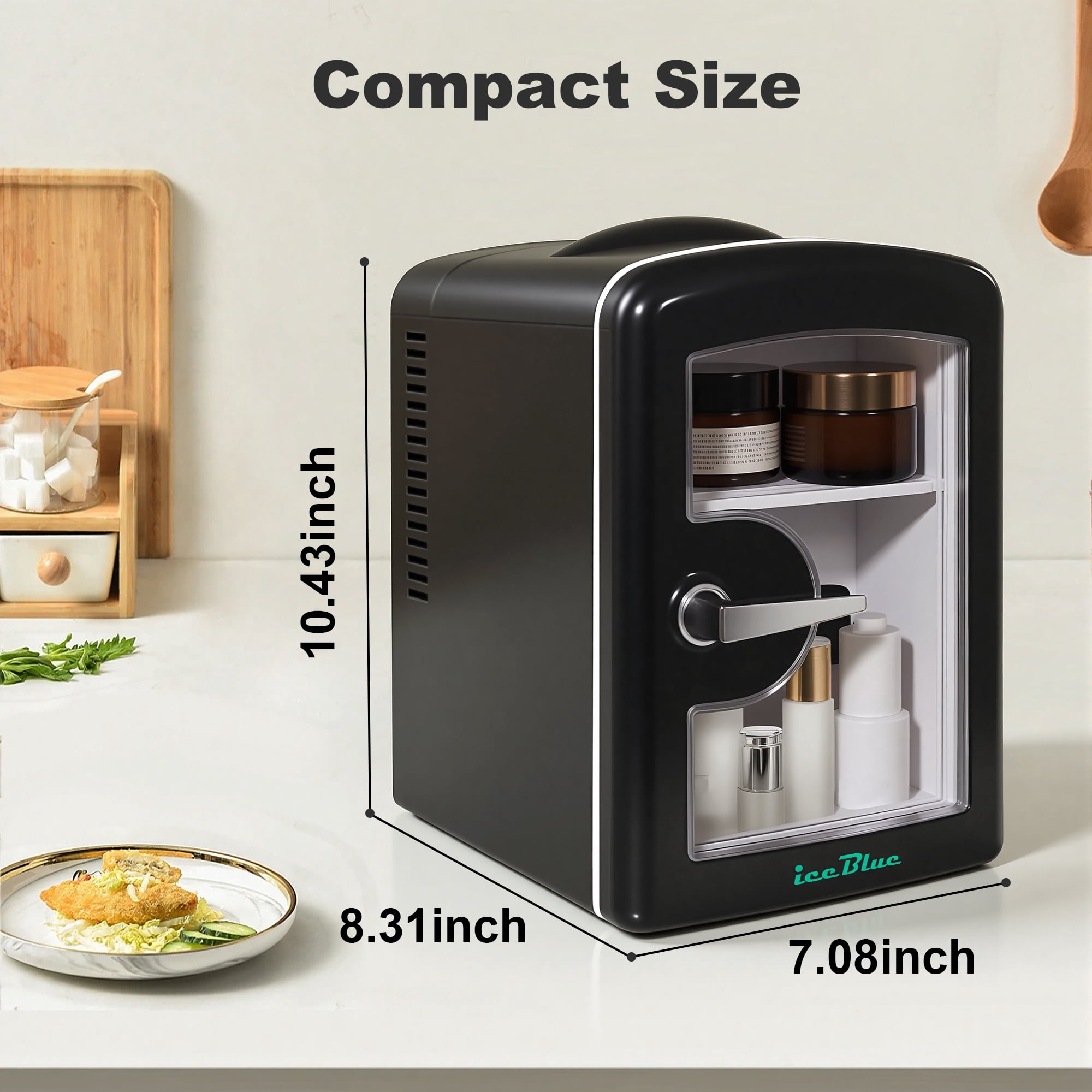 iceBlue 4L Mini Fridge for Cosmetics and Drinks, Car/Home Use (Black), Skincare Refrigerator, Transparent Window and Retro Chrome Handle