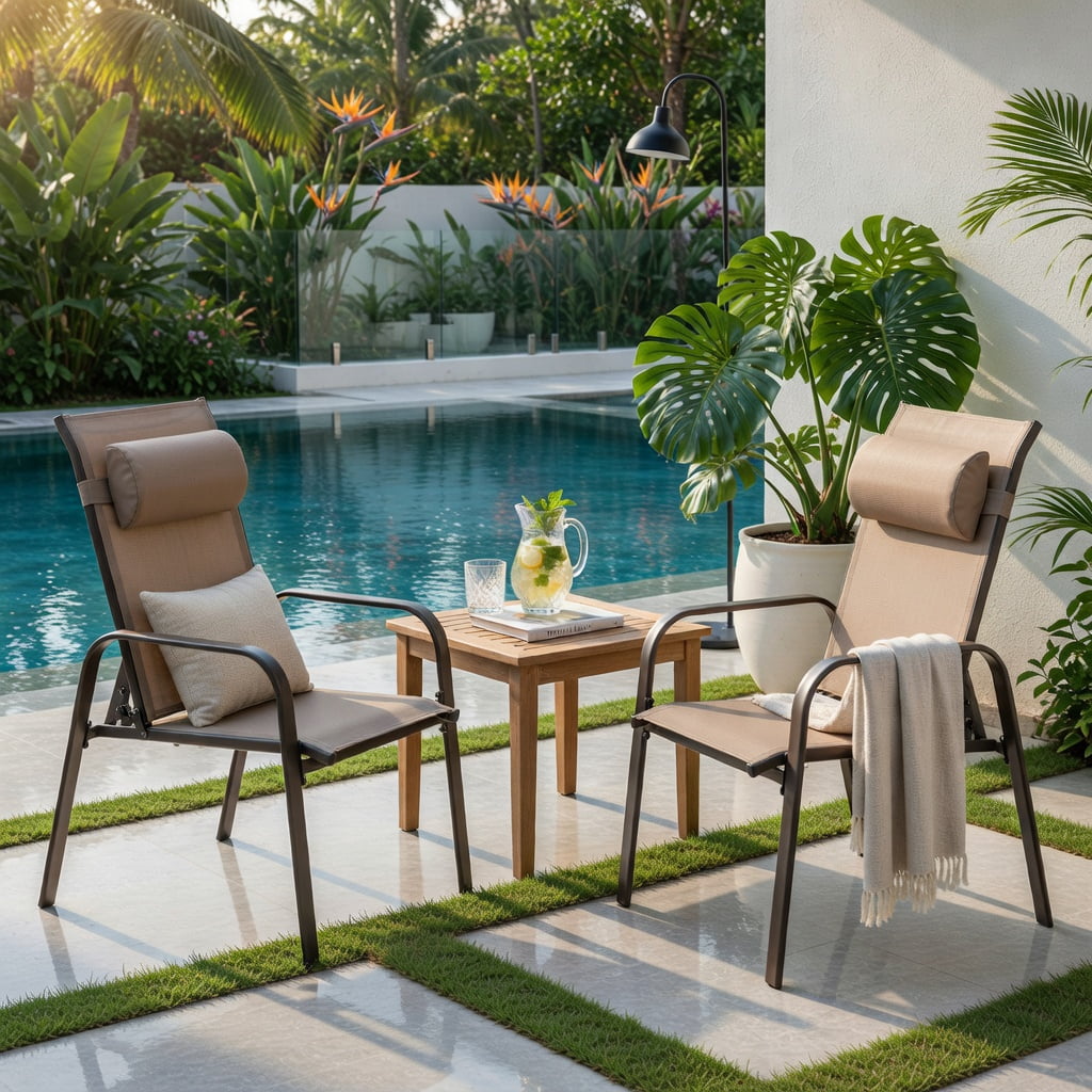 Hommoo 3-Piece Outdoor Bistro Set, Stackable Steel Chairs with Adjustable Backrest & Headrest, Tempered Glass Table, Brown