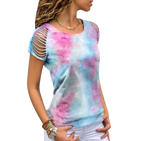 YAGHYAGH Womens Short Sleeve Tie Dye Print Hollow Blouse T-shirt Tops