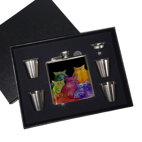 KuzmarK 6 oz. Stainless Steel Flask Set in Black Presentation Box -  Colorful Tie-Dyed Kitties Art by Denise Every