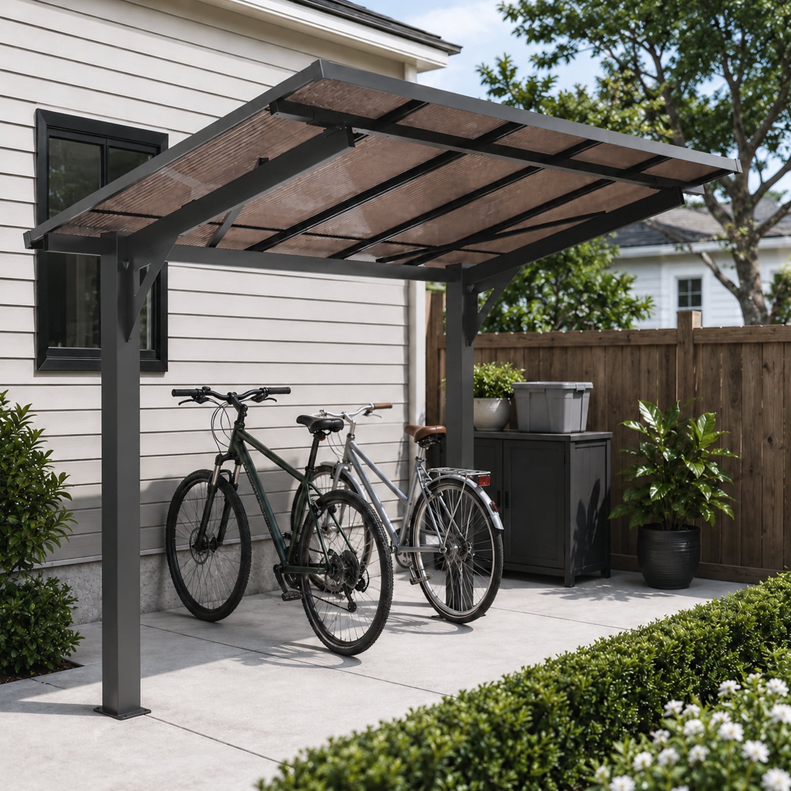 Mintazer 5x8ft Outdoor Wall-Mounted Patio Canopy, Heavy Duty Metal Awning with PC Roof, Freestanding Sun Shelter for Backyard, Bike, Grill & Patio Seating