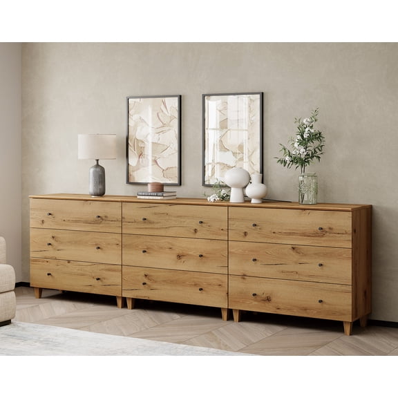 Bedroom Dresser with 9 Drawers, Mid-Century Modern Extra Wide Dresser, Oak Brown Wood Chest of Drawers with Solid Wood Legs, 106"