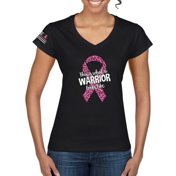 Wild Bobby This is What a Warrior Looks Like Ribbon Pink USA Flag Sleeve Breast Cancer Awareness Women Standard V-Neck Tee, Black, Small